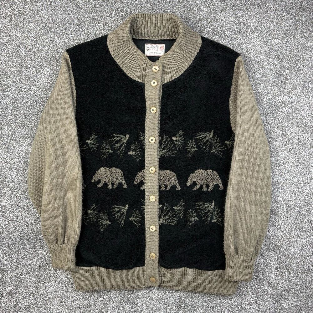 Vintage MEE Designs‎ Bear Fleece Jacket Mens M Brown Black Animals Knit Nature